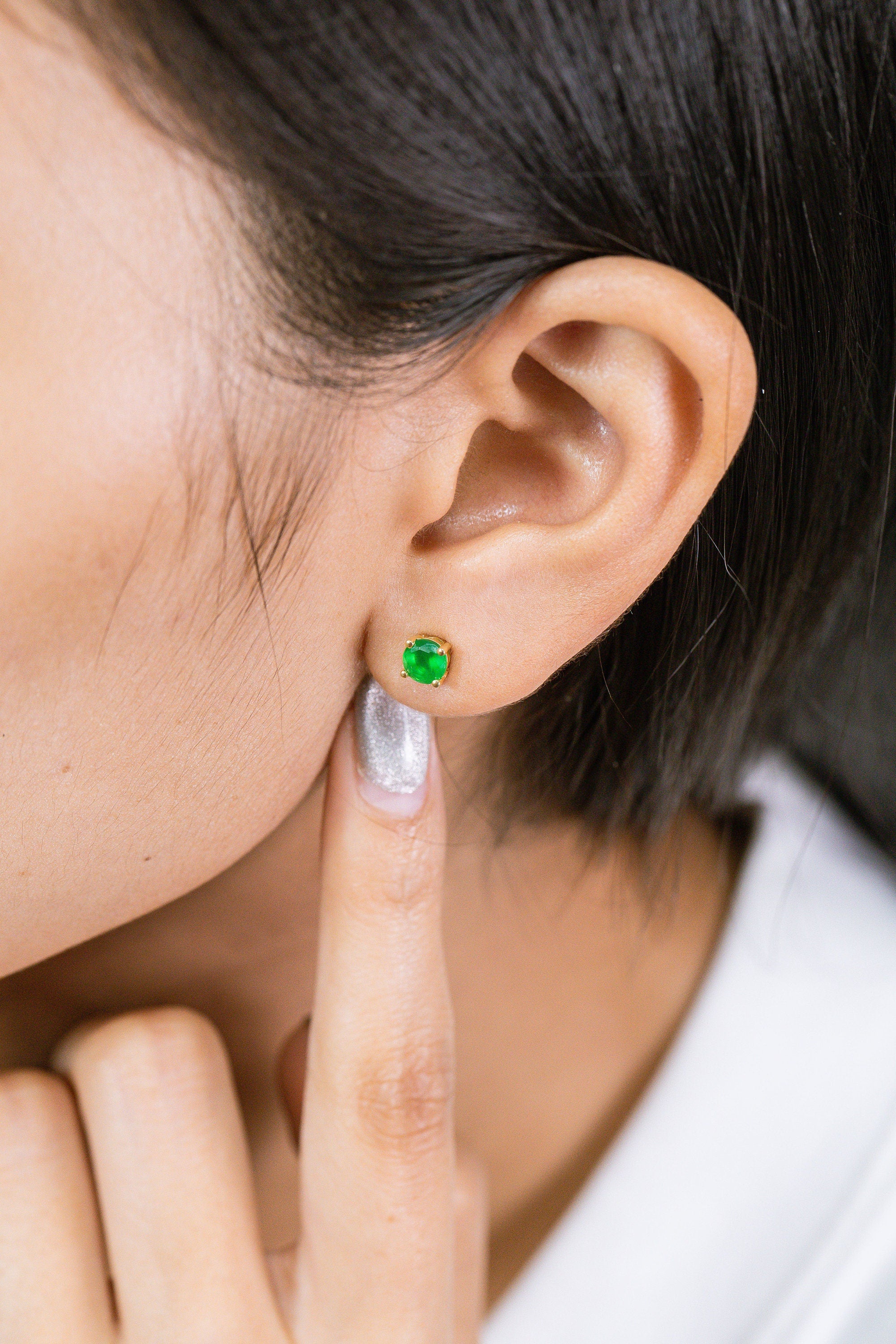 Four Prong Emerald Stud Earrings, May Birthstone Gifts, Starling Silver Emerald Solitaire Earring, Everyday Earrings